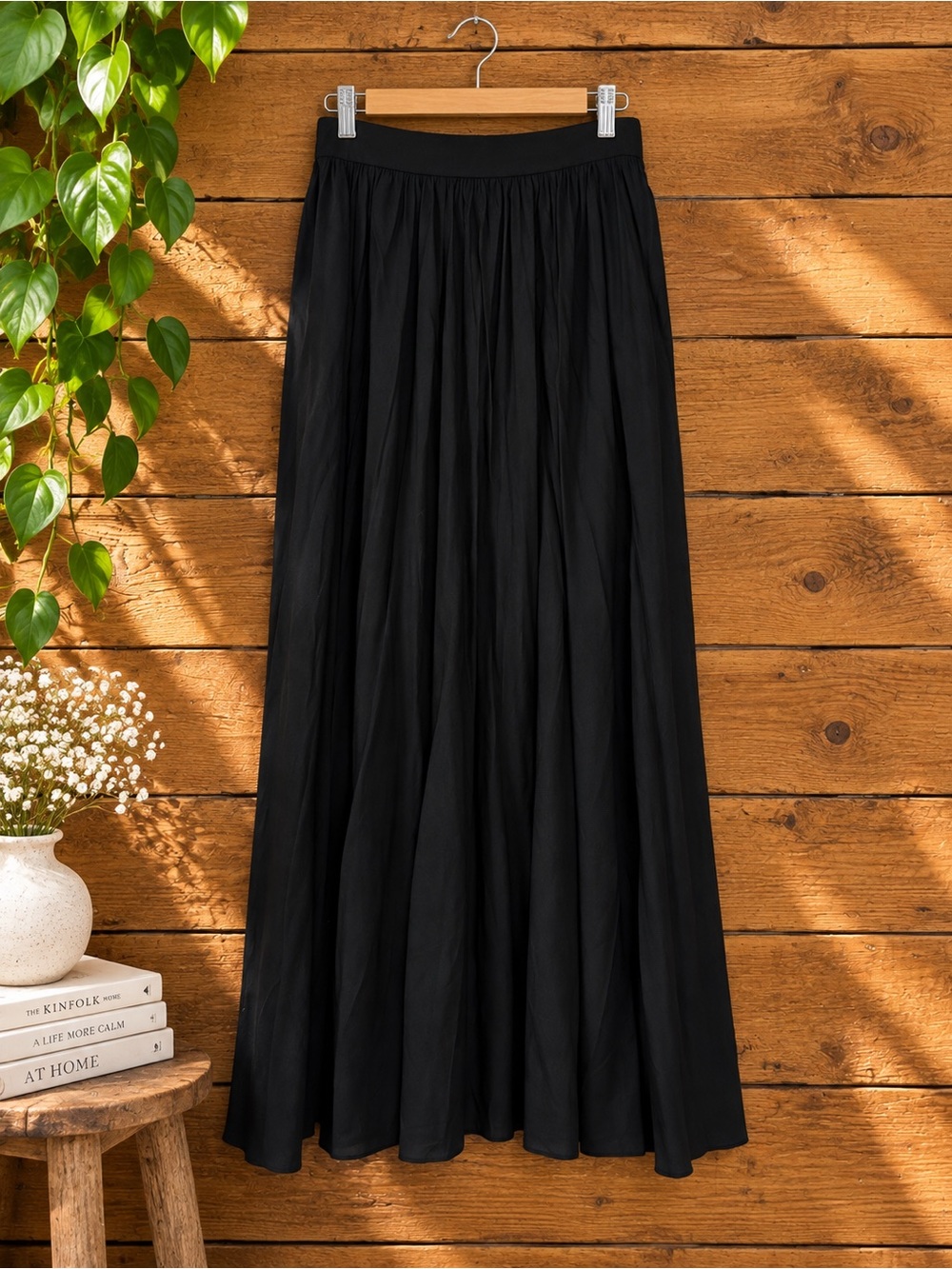 COMMENSE Black Gathered A-Line Maxi Skirt Minimalist Quiet Luxury NWT M